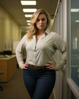 a woman in jeans standing in an office with her hands on her hips generative ai photo