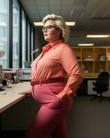 a woman in pink pants standing in front of a desk generative ai photo