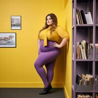 a woman in purple leggings standing in front of a bookshelf generative ai photo