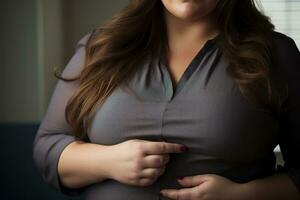 a woman is holding her stomach while standing in front of a window generative ai photo