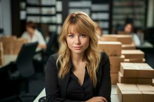 a woman is sitting in front of boxes in an office generative ai photo