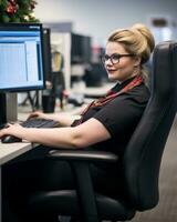 a woman sitting at a computer generative ai photo