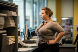 a woman is standing in front of a desk in an office generative ai photo