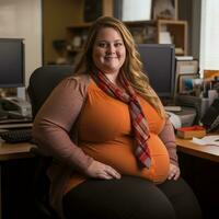 a woman sitting at a desk in an office generative ai photo