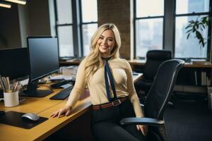 a woman sitting at a desk in an office generative ai photo