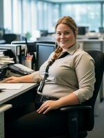 a woman sitting at a desk in an office generative ai photo
