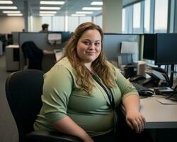 a woman sitting at a desk in an office generative ai photo