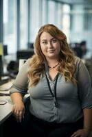 a woman sitting at a desk in an office generative ai photo