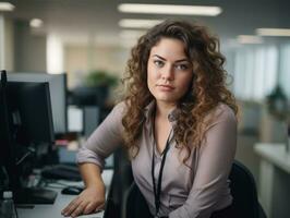 a woman sitting at a desk in an office generative ai photo