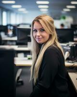 a woman sitting at a desk in an office generative ai photo