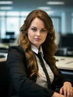 a woman sitting at a desk in an office generative ai photo