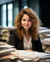 a woman sitting at a desk in an office generative ai photo