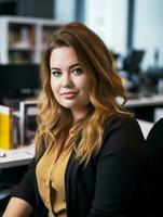a woman sitting at a desk in an office generative ai photo