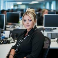 a woman sitting at a desk in an office generative ai photo