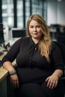 a woman sitting at a desk in an office generative ai photo