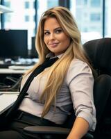 a woman sitting at a desk in an office generative ai photo