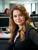 a woman sitting at a desk in an office generative ai photo