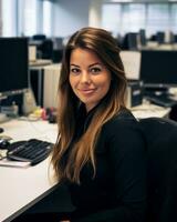 a woman sitting at a desk in an office generative ai photo