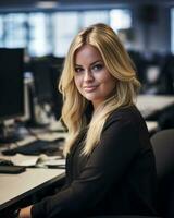 a woman sitting at a desk in an office generative ai photo