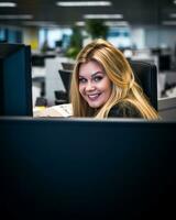 a woman sitting at a desk in an office generative ai photo