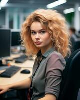 a woman sitting at a desk in an office generative ai photo