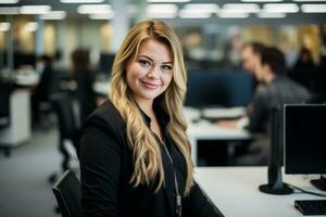 a woman sitting at a desk in an office generative ai photo