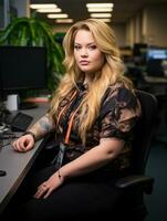 a woman sitting at a desk in front of a computer generative ai photo