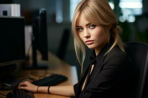 a woman sitting at a desk in front of a computer generative ai photo