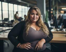 a woman sitting at a desk in an office generative ai photo