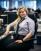 a woman sitting at a desk in front of a computer generative ai photo