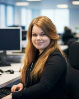 a woman sitting at a desk in front of a computer generative ai photo