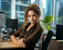 a woman sitting at a desk in front of a computer generative ai photo