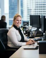 a woman sitting at a desk in front of a computer generative ai photo