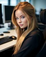 a woman sitting at a desk in front of a computer generative ai photo