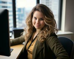 a woman sitting at a desk in front of a computer generative ai photo