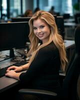 a woman sitting at a desk in front of a computer generative ai photo