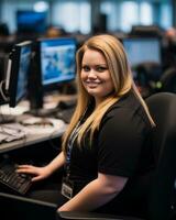 a woman sitting at a desk in front of a computer generative ai photo