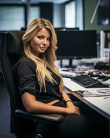 a woman sitting at a desk in front of a computer generative ai photo