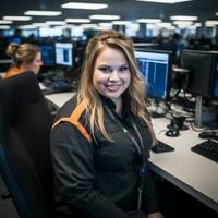 a woman sitting at a desk in front of computer monitors generative ai photo