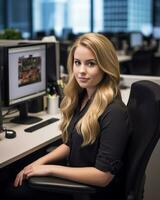 a woman sitting at a desk in front of two computer monitors generative ai photo