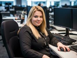 a woman sitting at a desk in front of two computer monitors generative ai photo