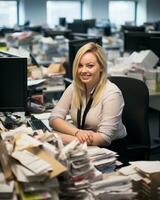 a woman sitting at a desk surrounded by piles of paperwork generative ai photo