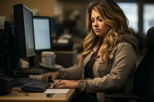 a woman sitting at a desk using a computer generative ai photo