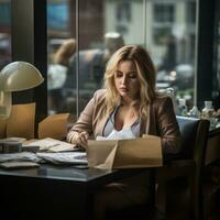 a woman sitting at a desk with papers and papers generative ai photo