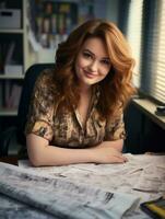 a woman sitting at a desk with blueprints in front of her generative ai photo