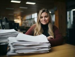 a woman sitting at a desk with a stack of papers generative ai photo