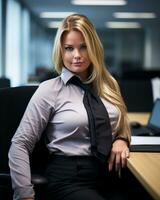 a woman sitting at a desk generative ai photo