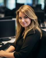 a woman sitting at a desk generative ai photo