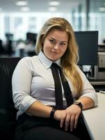 a woman sitting at a desk generative ai photo