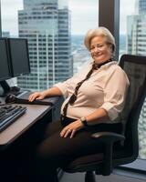 a woman sitting at a desk generative ai photo